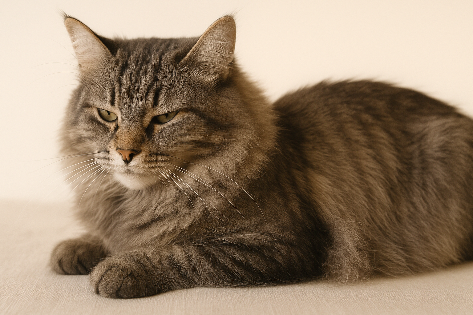 Long-haired cat with slightly matted fur near its neck area, natural indoor light