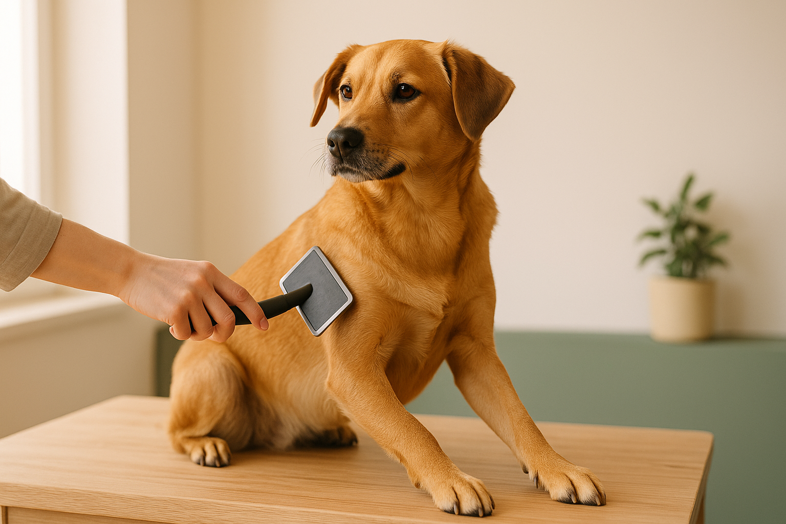 Dog being brushed with a slicker brush on a grooming table, natural light