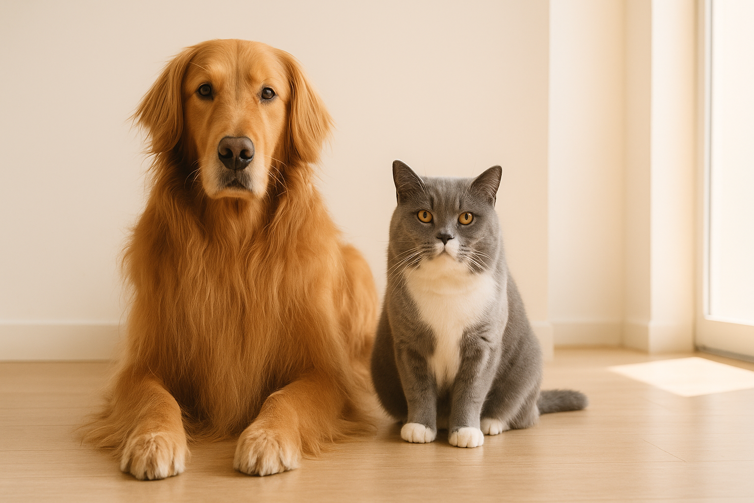 Dog and cat sitting together on a clean wooden floor